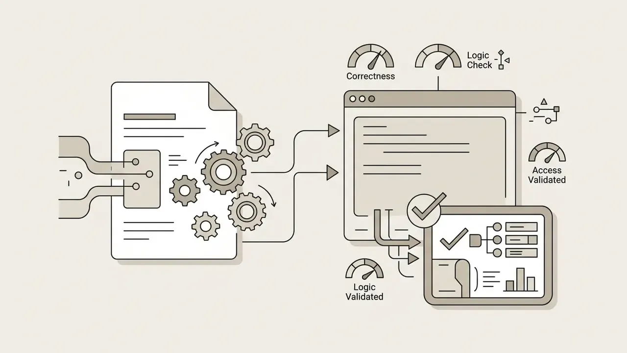 Document with gears flowing into a dashboard interface featuring validation gauges and checkmarks