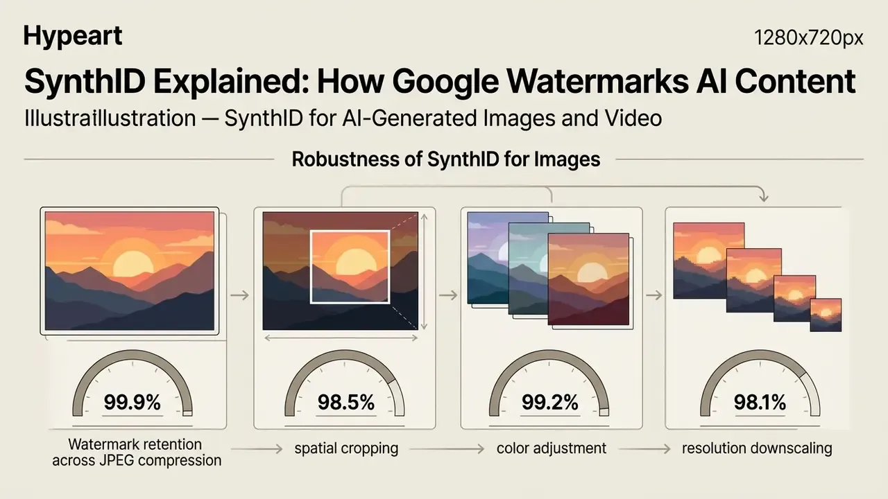 Bar charts showing high SynthID watermark retention rates across JPEG, cropping, color, and scaling edits