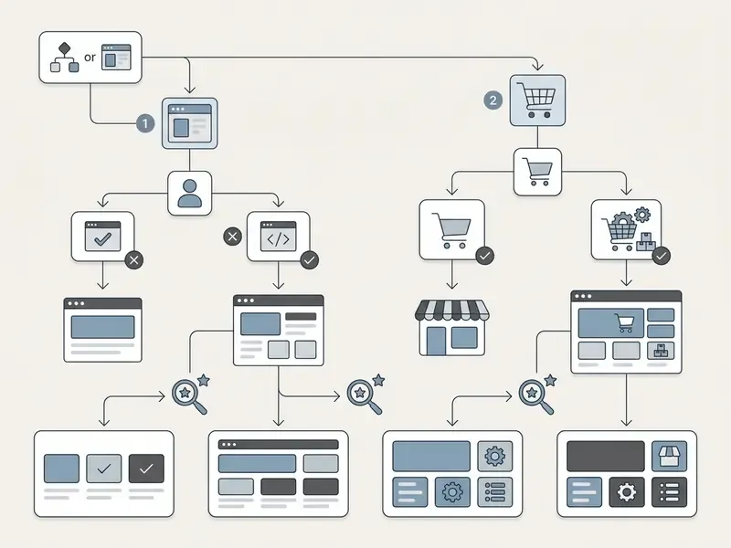 Decision tree diagram guiding users through project type and e-commerce needs to select an AI builder