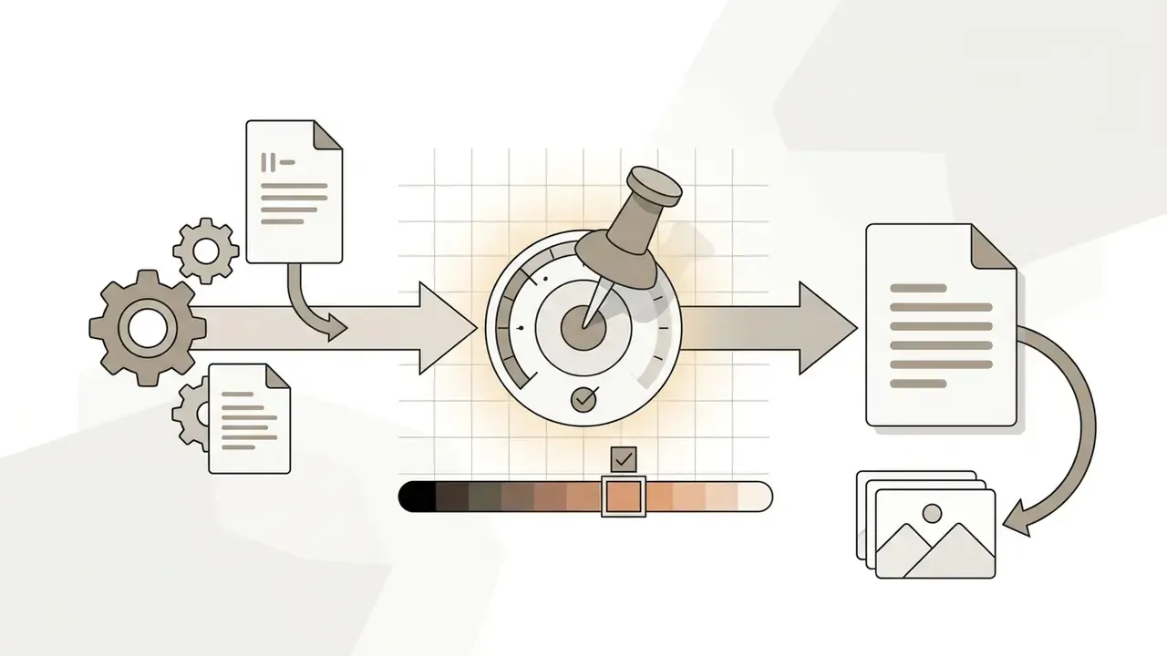 Document icons and gears feeding into a pinned color profile gauge to adjust skin tones in image outputs