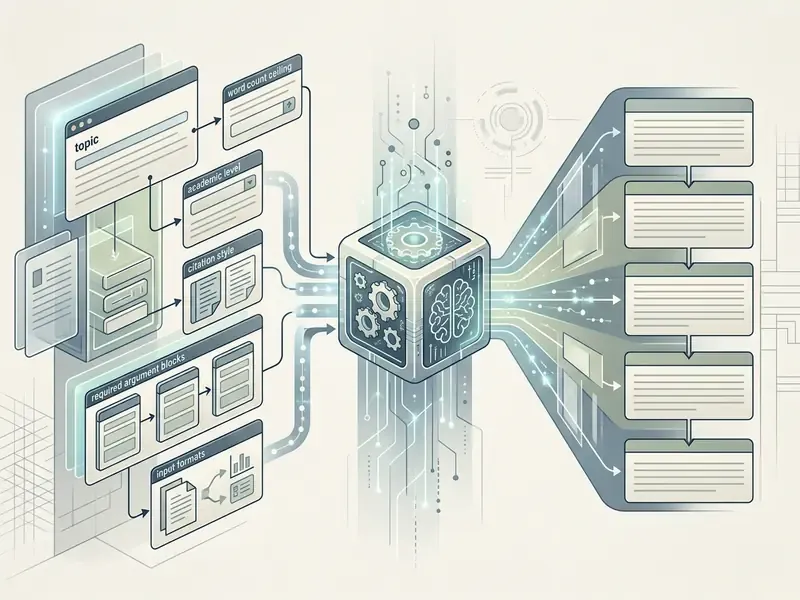 Diagram showing academic prompt inputs feeding into a central processing cube to generate structured text