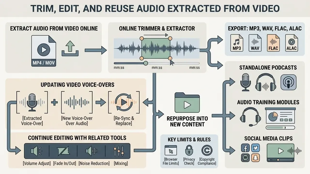 Workflow diagram showing how to extract audio from video online, trim clips, and repurpose content