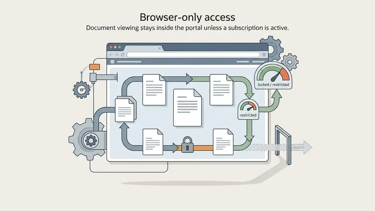 Browser window showing a circular document workflow with restricted gauges and a blocked export gate