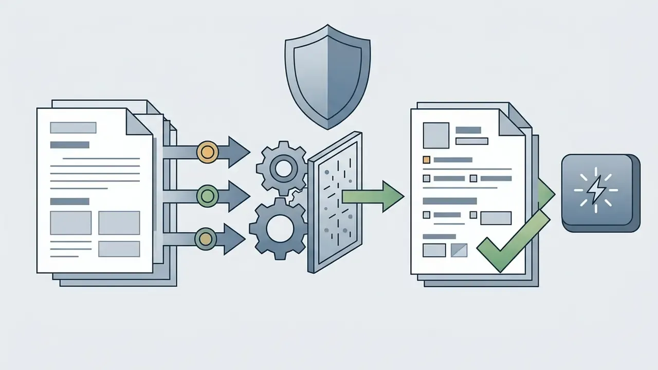 Documents passing through a filter and gears to emerge as sanitized files marked with a green checkmark