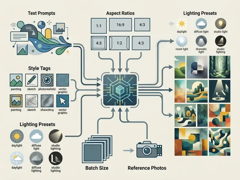 Diagram showing how text, aspect ratios, styles, lighting, and references flow into a central processor