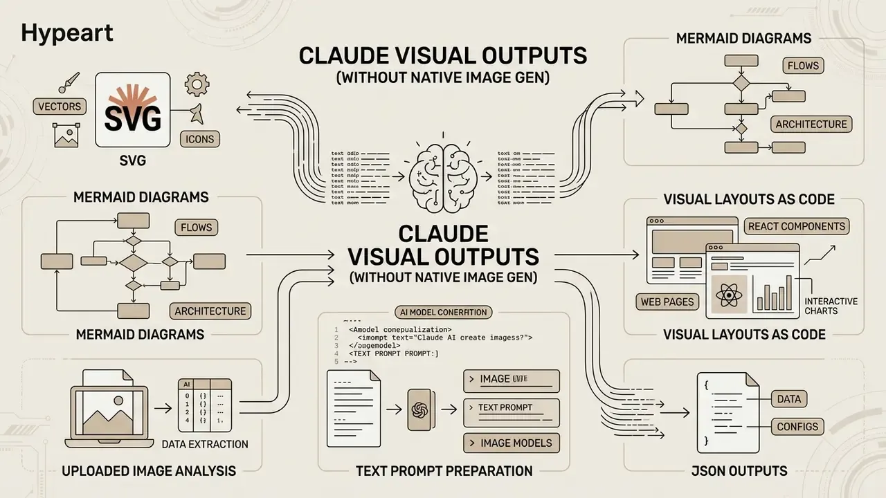 Infographic showing how Claude AI generates visual outputs like SVG, Mermaid diagrams, and code-based layouts