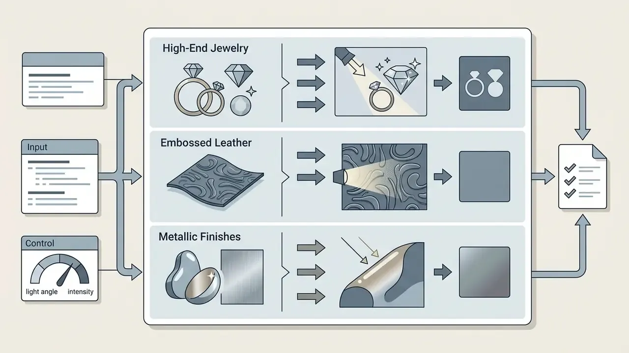 Layout showing how directional lighting controls texture and depth for jewelry, leather, and metallic surfaces