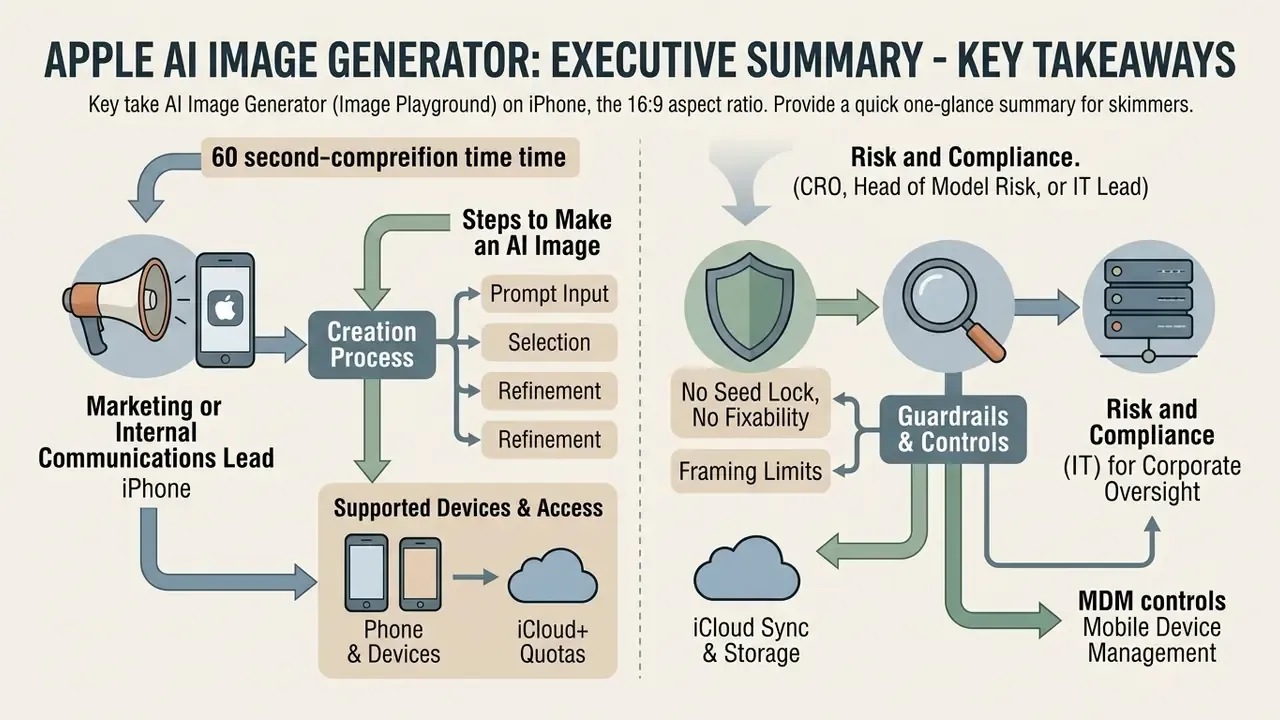 Infographic showing the Apple AI image generator creation process alongside risk and compliance controls