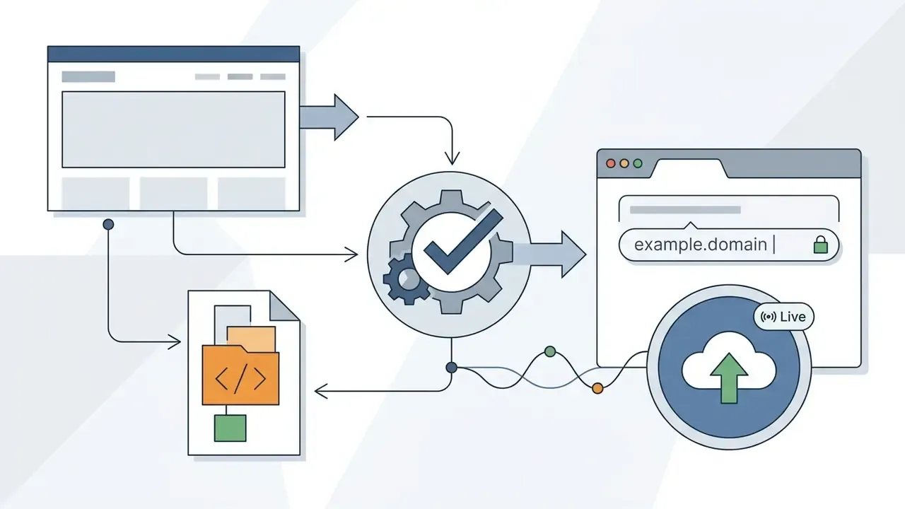 Website files and code processing through a central gear mechanism to publish a live domain