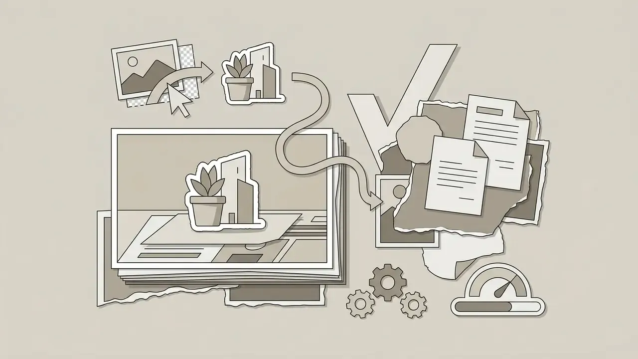 Cutout images and documents arranged with torn paper edges, gears, and a loading progress bar