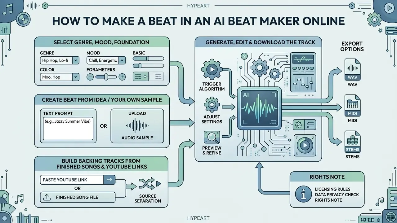 Step-by-step workflow diagram for creating music with an AI beat maker through input, processing, and export