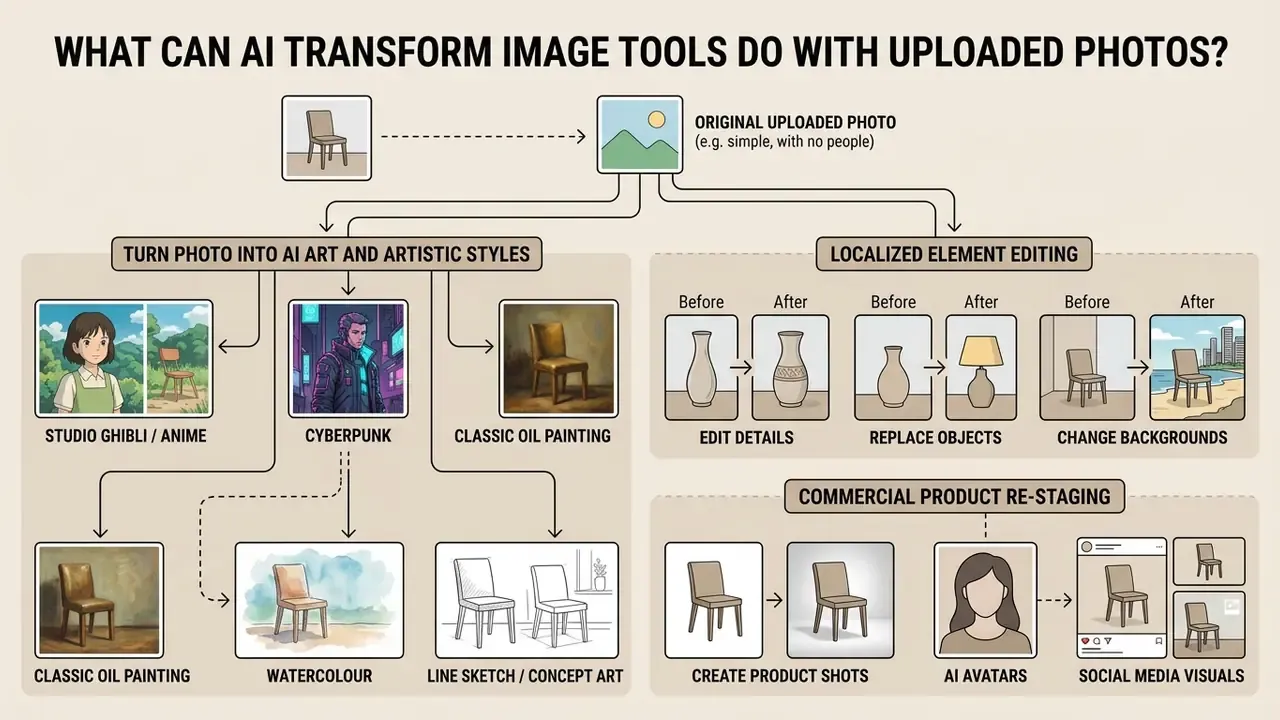 Diagram showing how AI transform image tools apply artistic styles, edit elements, and restage products