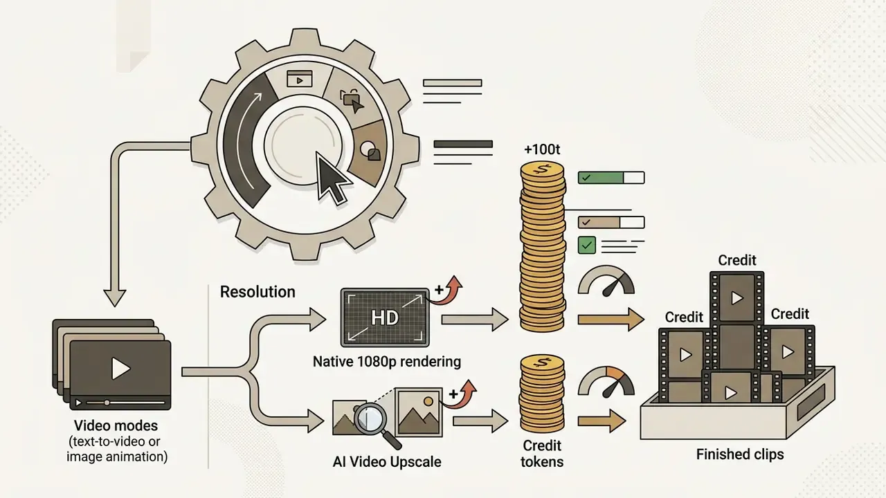 Gear interface selecting video modes that branch into resolution options and credit costs for finished clips