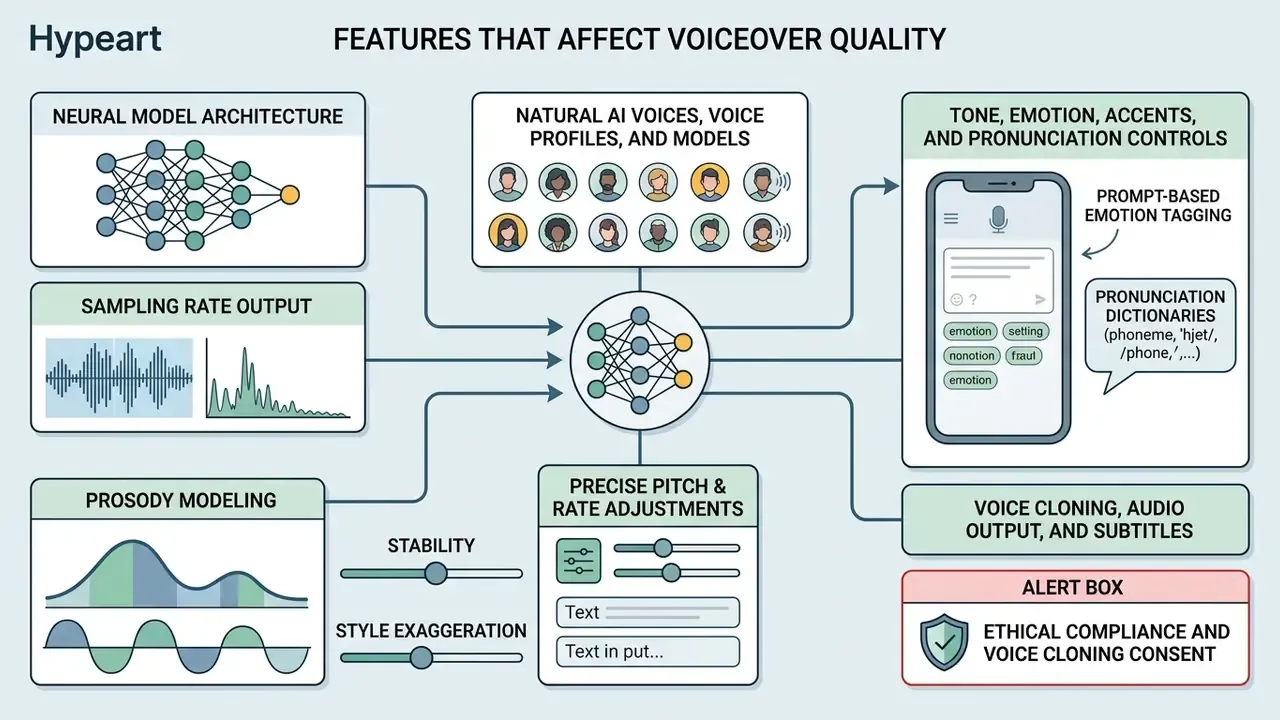 Infographic showing technical factors like neural models and pitch controls that influence AI voice quality