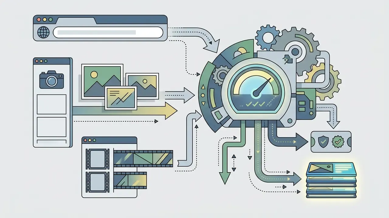 Browser windows and media files feeding into a mechanical processor that outputs digital assets