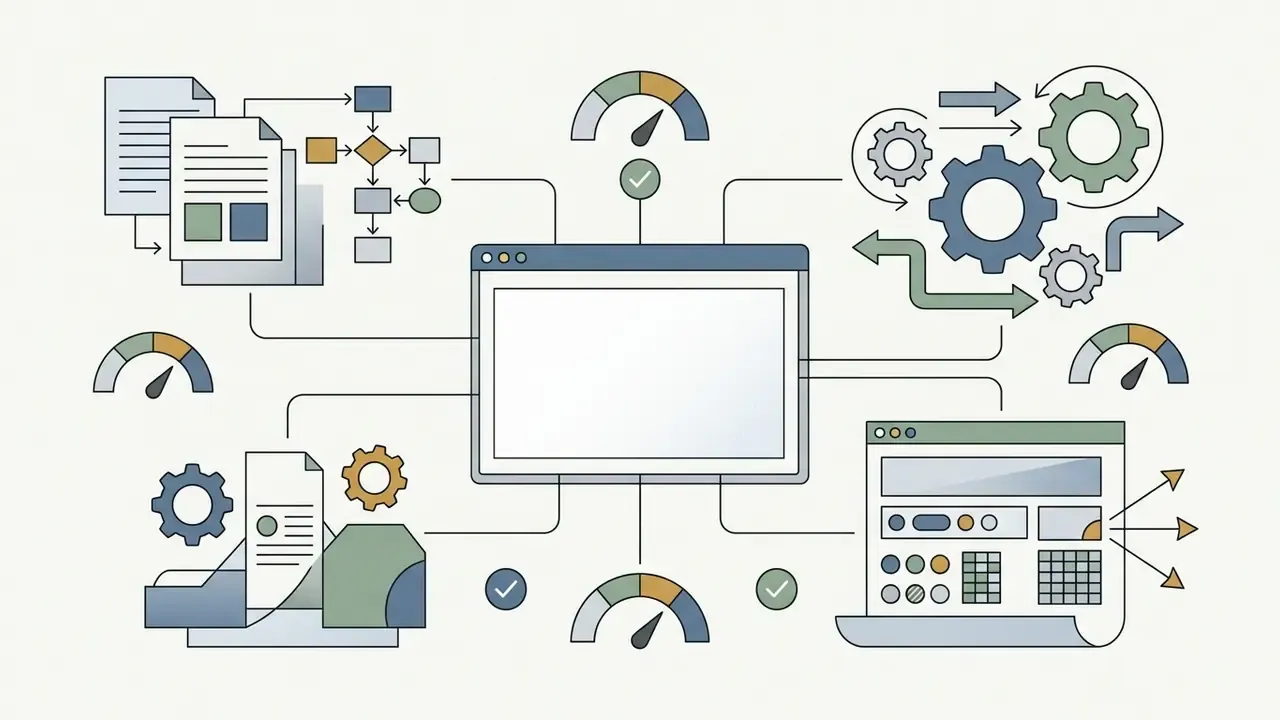 Browser window connected to document icons, gear mechanisms, performance gauges, and data entry interfaces