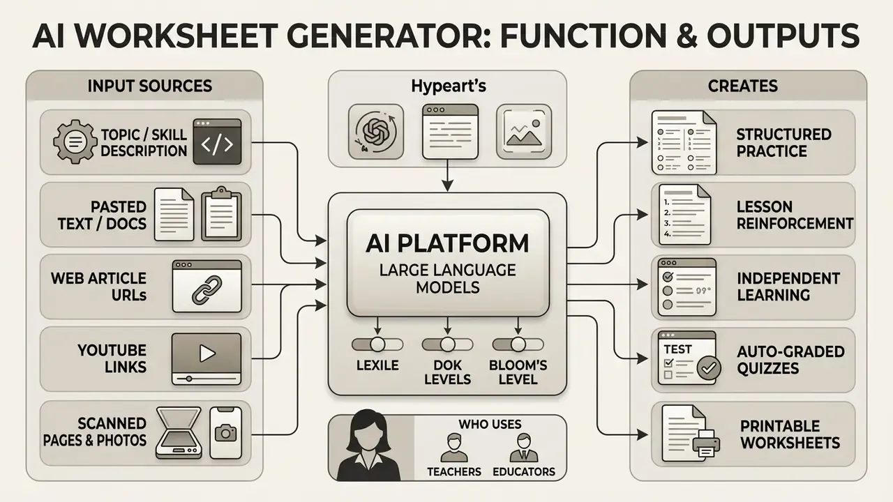 Flowchart showing how an AI worksheet generator processes various input sources into educational outputs