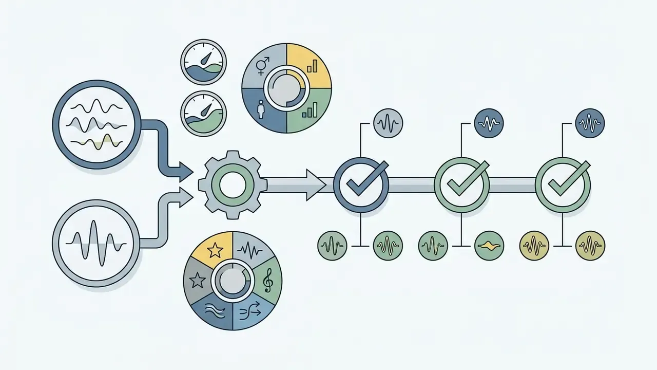 Audio waveforms and control dials feeding into a gear processor with multiple quality check stages