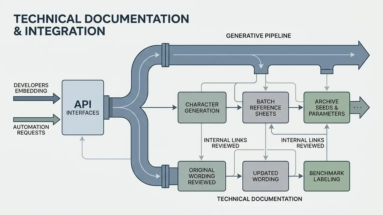 Pipeline showing API integration for character generation, batch processing, and documentation review