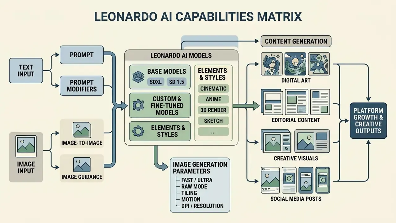 Flowchart showing Leonardo AI input methods, model processing, and diverse creative output categories