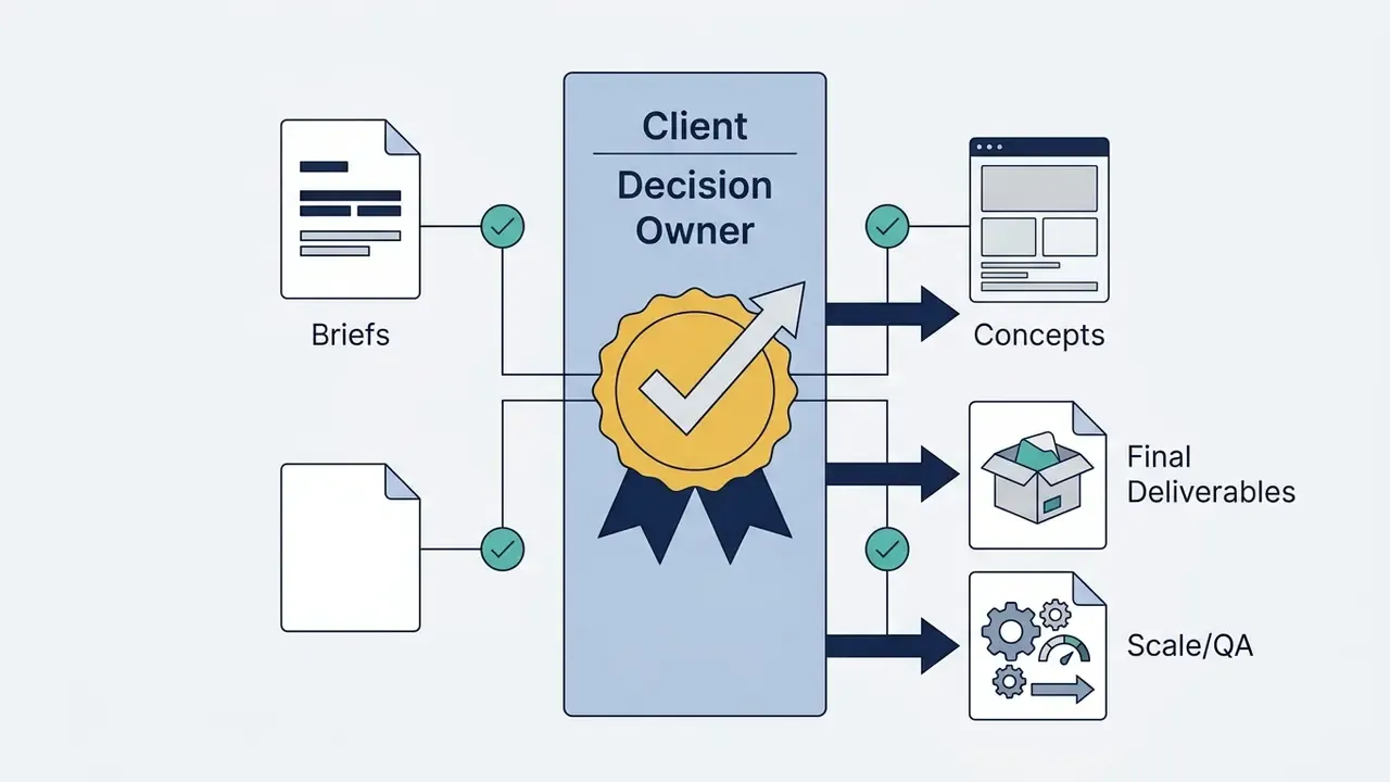 Client Decision Owner icon centered between input brief documents and output project deliverables
