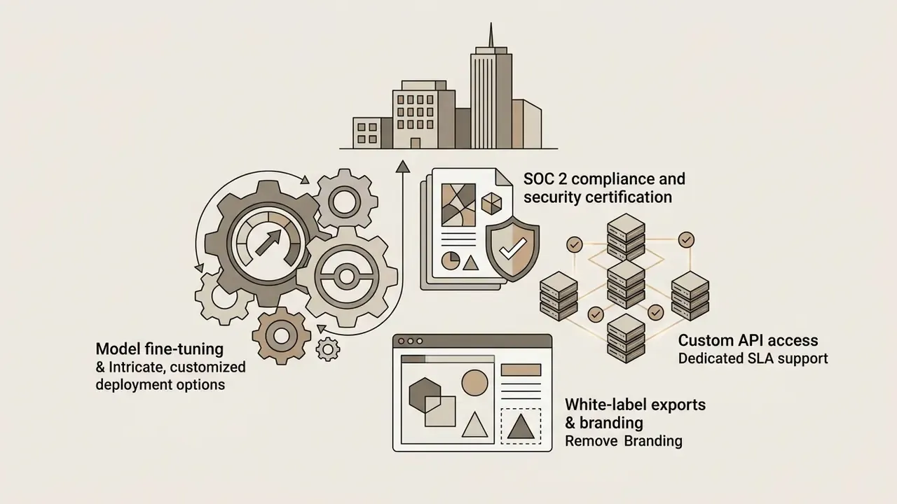 Gears, a city skyline, a shield document, and server clusters representing enterprise software features