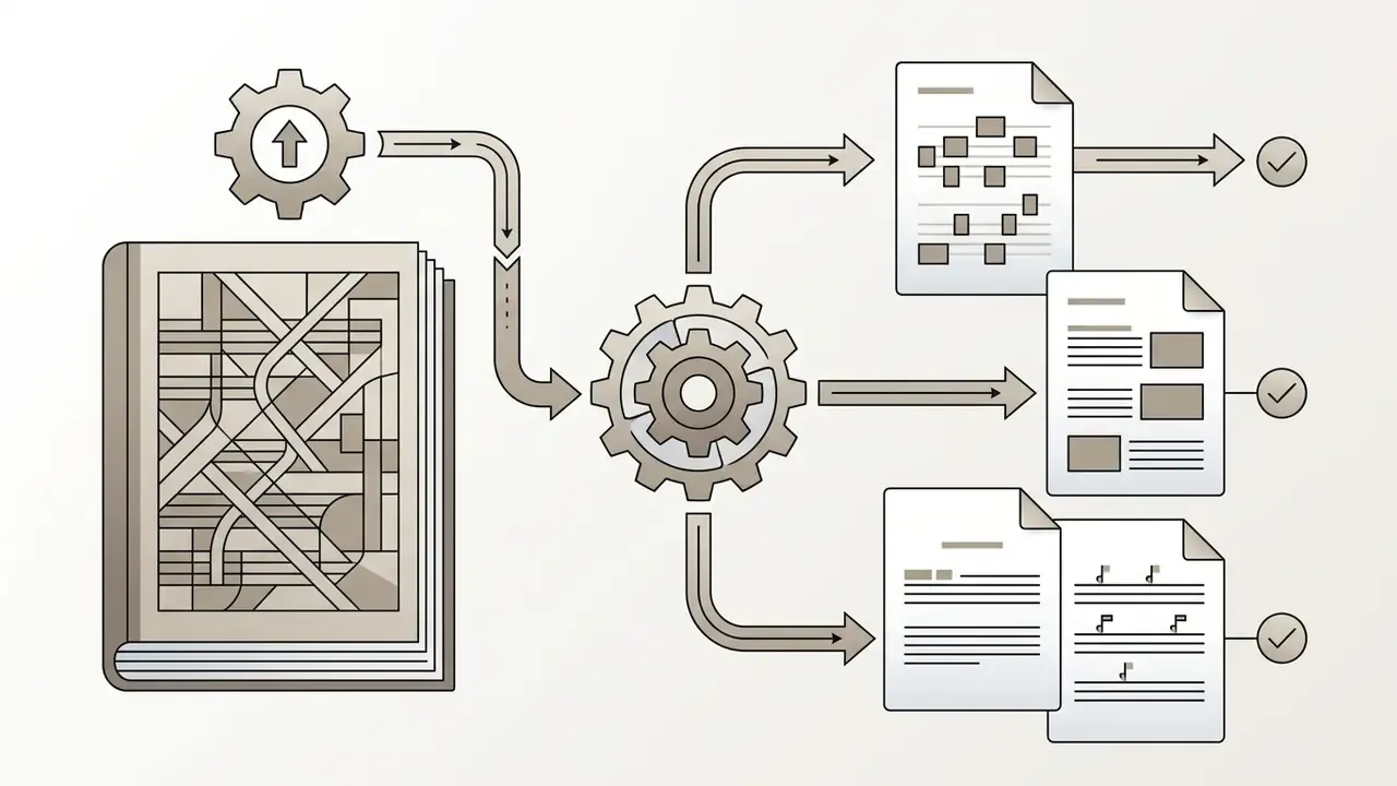 Book of complex scores being processed by gears into separate documents for individual instrument parts