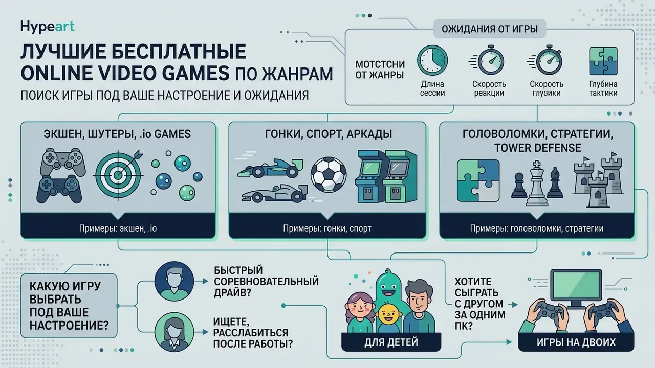 Инфографика с классификацией игровых жанров и советами по выбору развлечений в зависимости от настроения