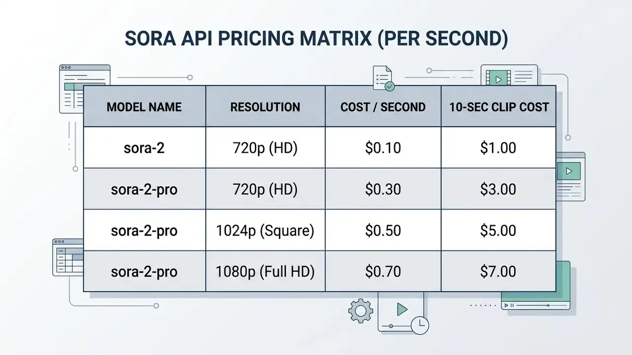 Table comparing Sora API model names, video resolutions, and costs per second or ten-second clip