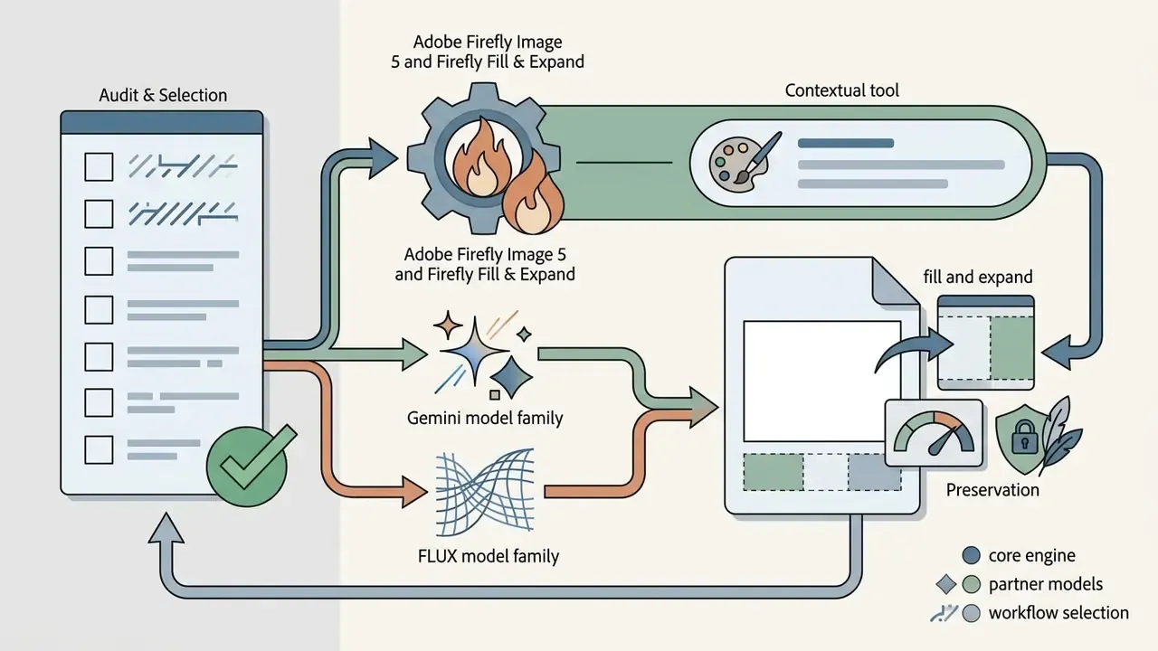 Process map showing model selection from an audit list to contextual tools and image editing workflows