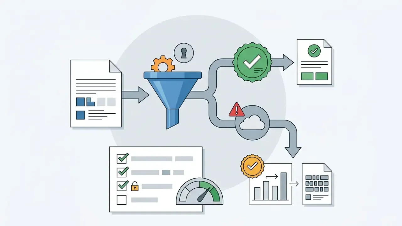 Data funnel processing documents into approved files or cloud storage with a compliance checklist