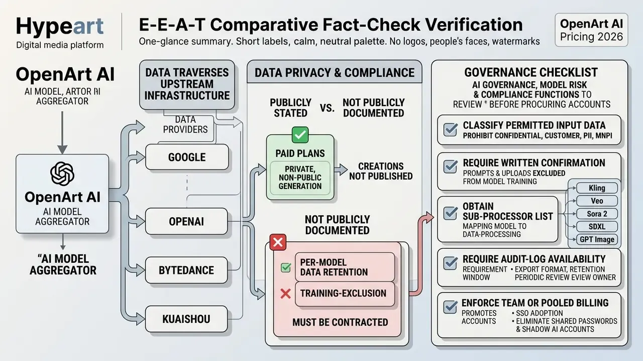 Diagram mapping OpenArt AI data flows to upstream providers alongside a governance checklist