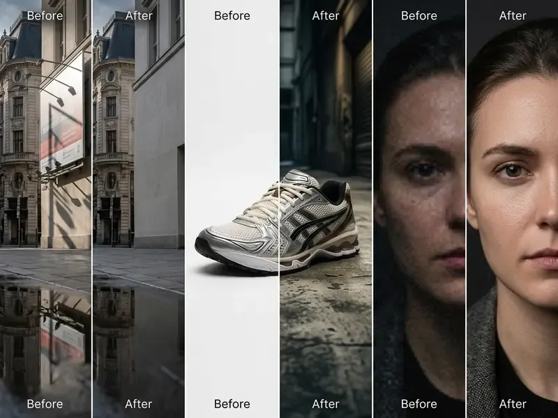 Three split-screen comparisons showing AI object removal, background swapping, and portrait enhancement