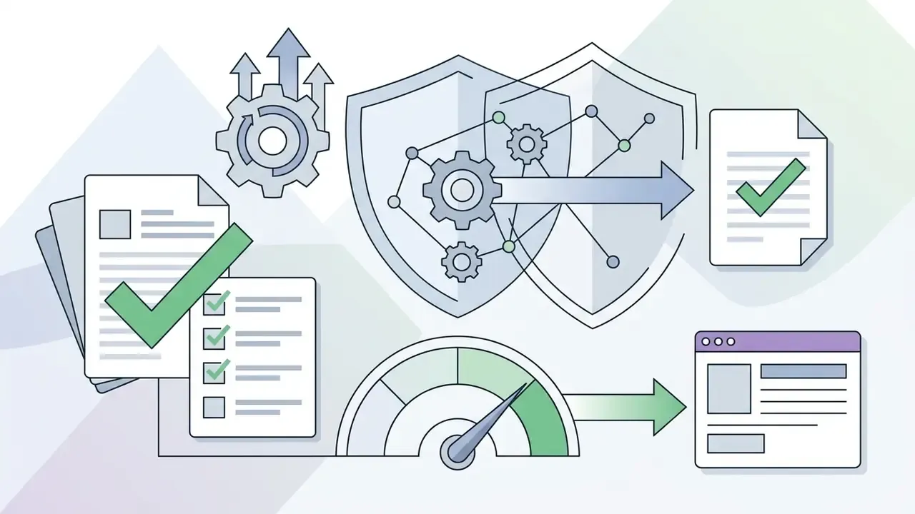 Shields and gears connecting documents with checkmarks to a speed gauge and a browser interface