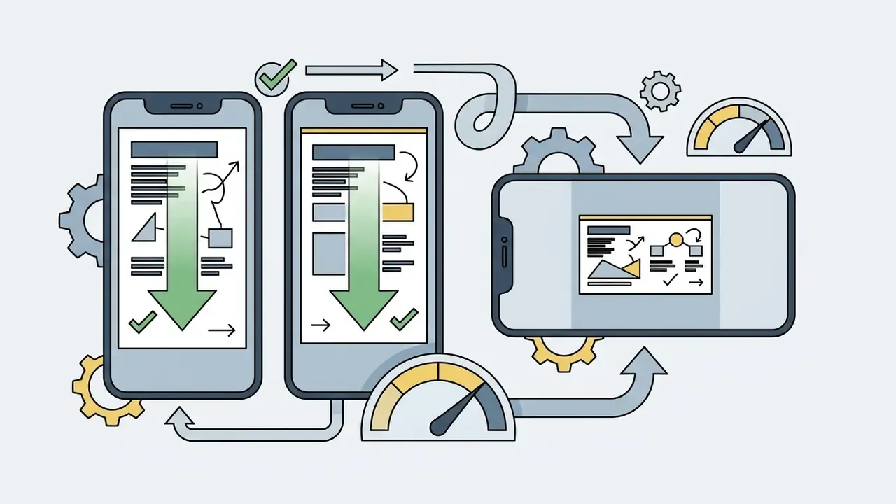 Vertical and horizontal smartphone screens connected by gears and arrows showing content optimization
