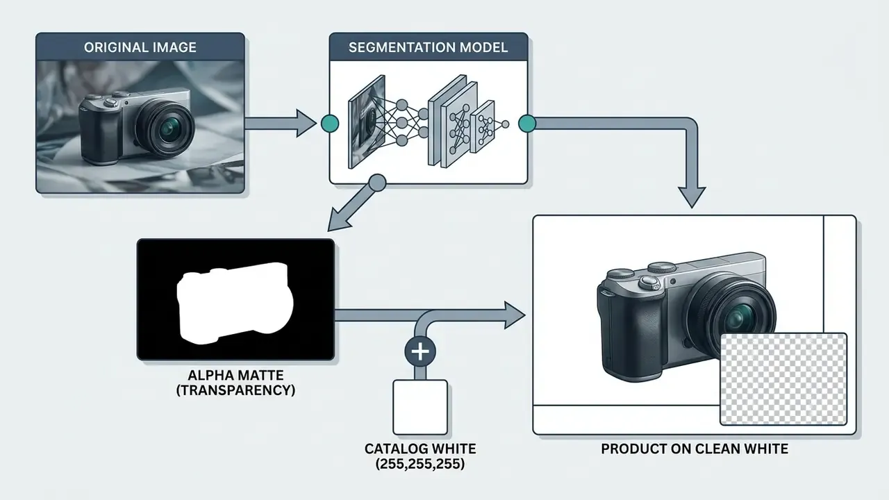 Workflow showing a camera image processed by a segmentation model to create an alpha matte and white background