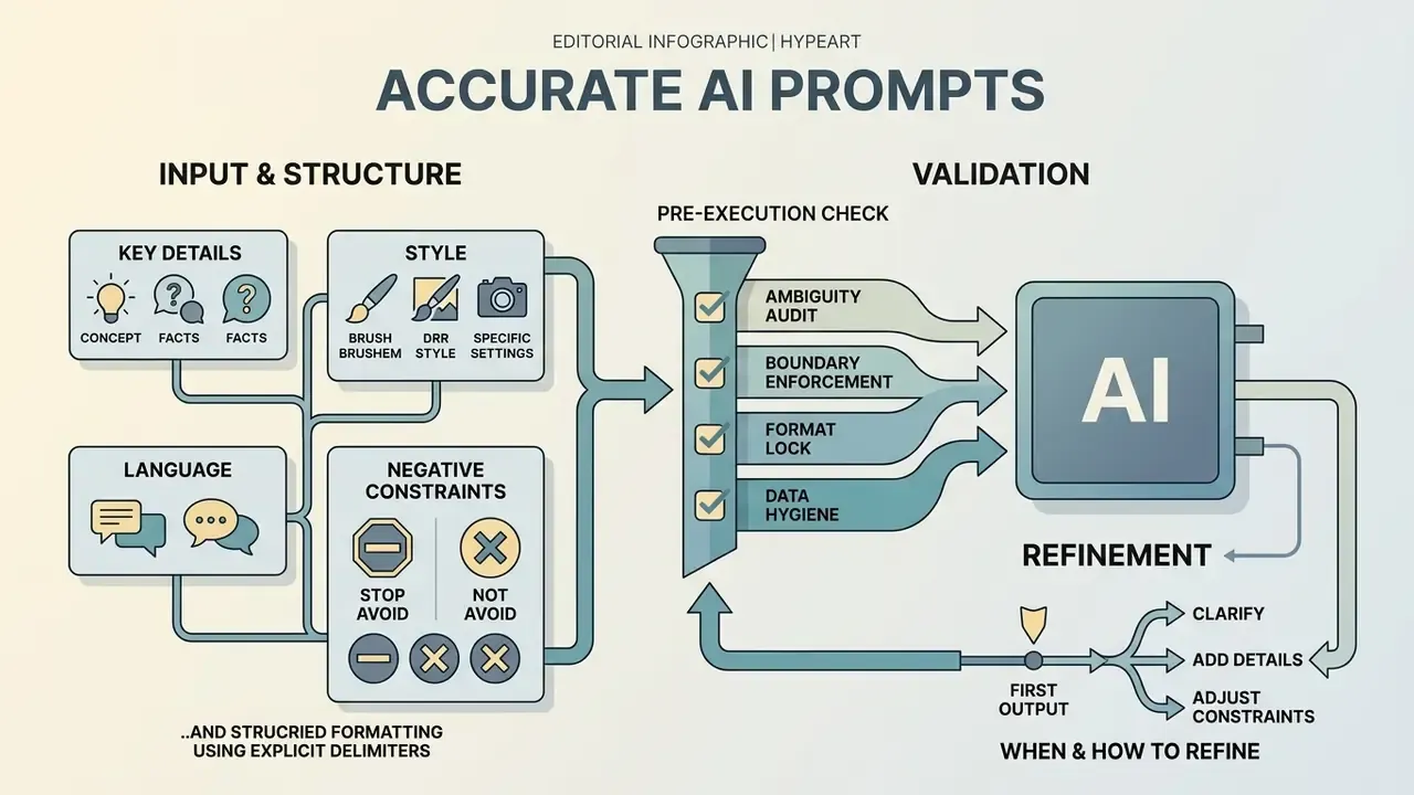 Infographic showing the workflow of structuring inputs and validating outputs for an AI prompt generator