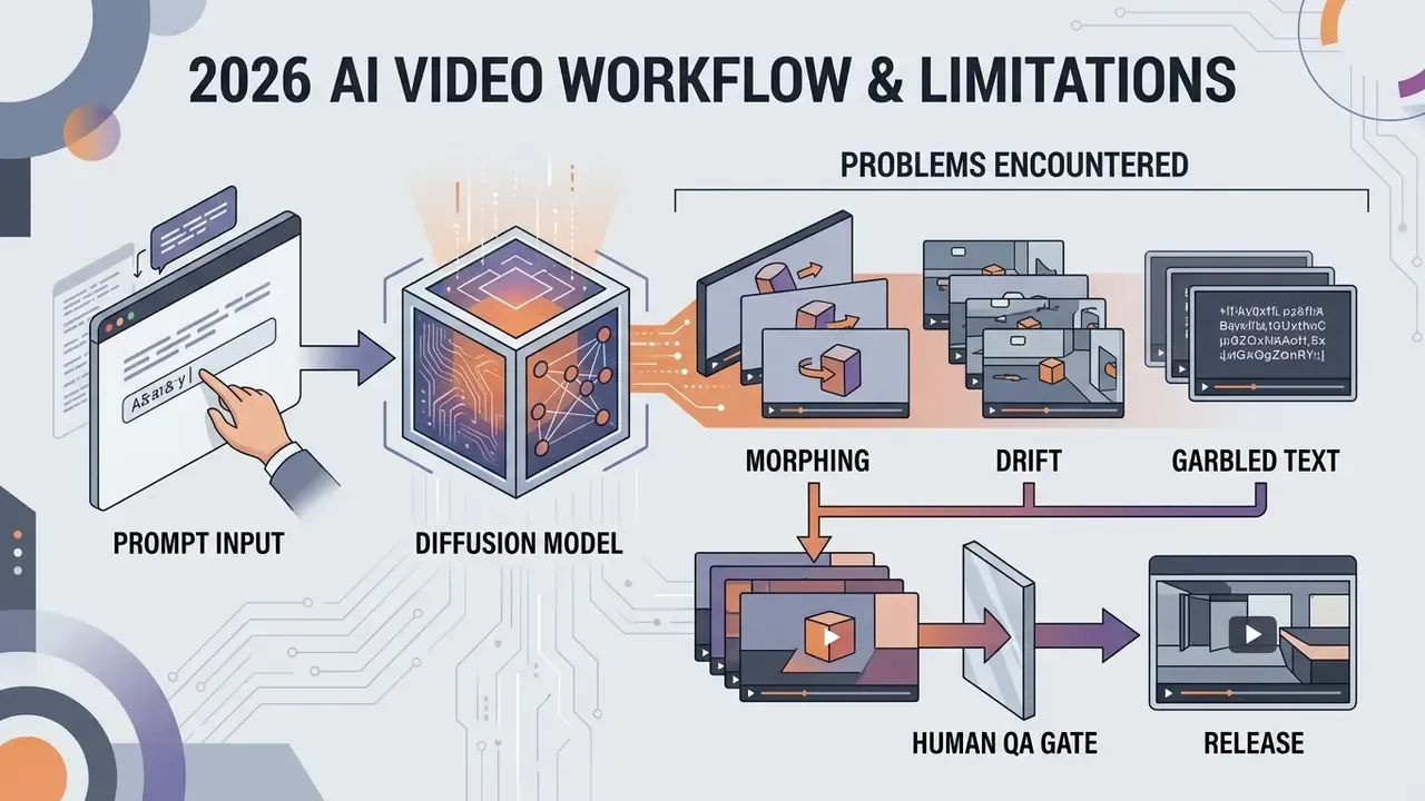 Workflow diagram showing prompt input, diffusion model processing, common video artifacts, and human review