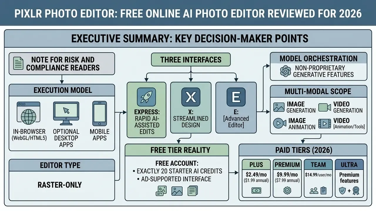 Infographic outlining Pixlr execution models, interface types, and subscription tier structures