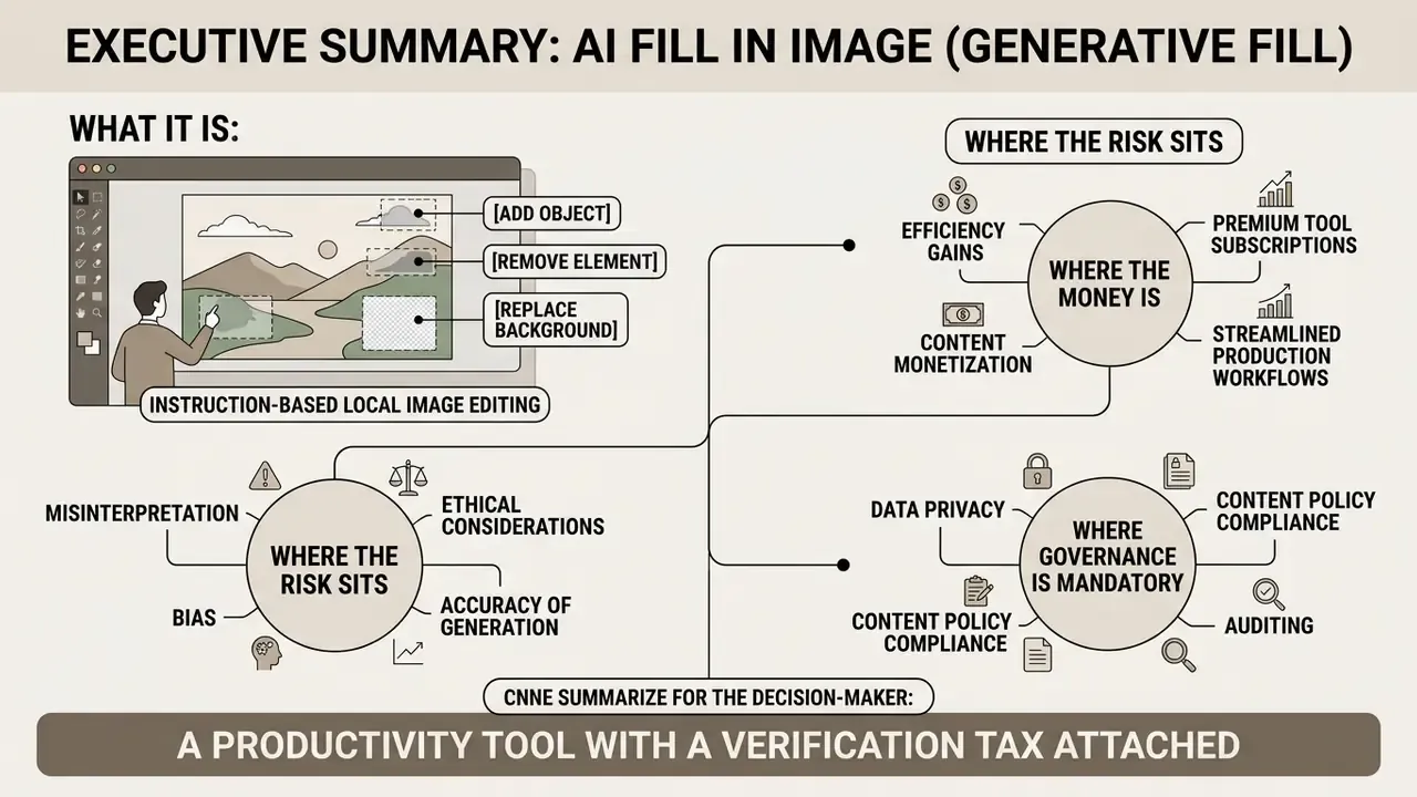 Infographic showing how AI fill in image works alongside associated risks, financial gains, and governance