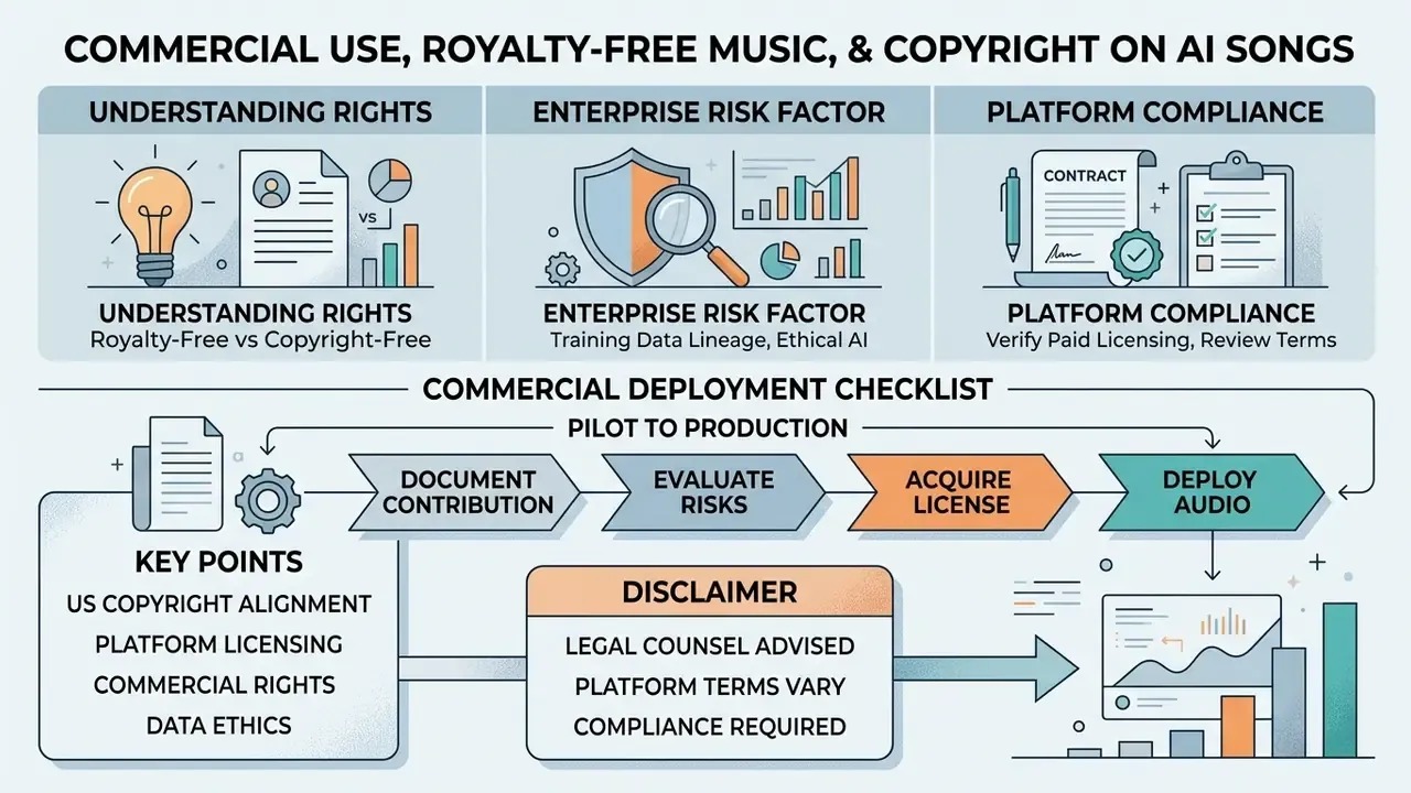 Infographic outlining legal compliance steps for using an ai song maker in commercial projects