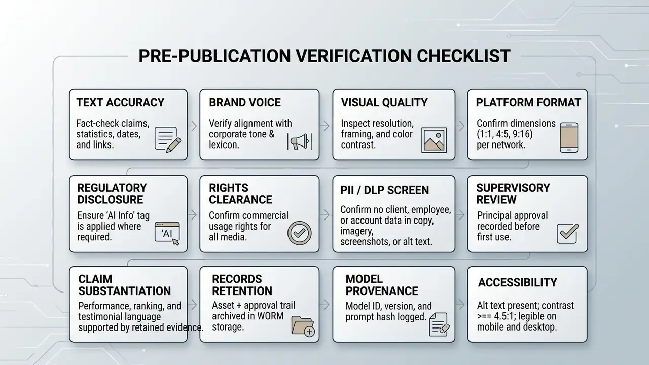 Twelve-step grid outlining quality assurance tasks for content publication including compliance checks