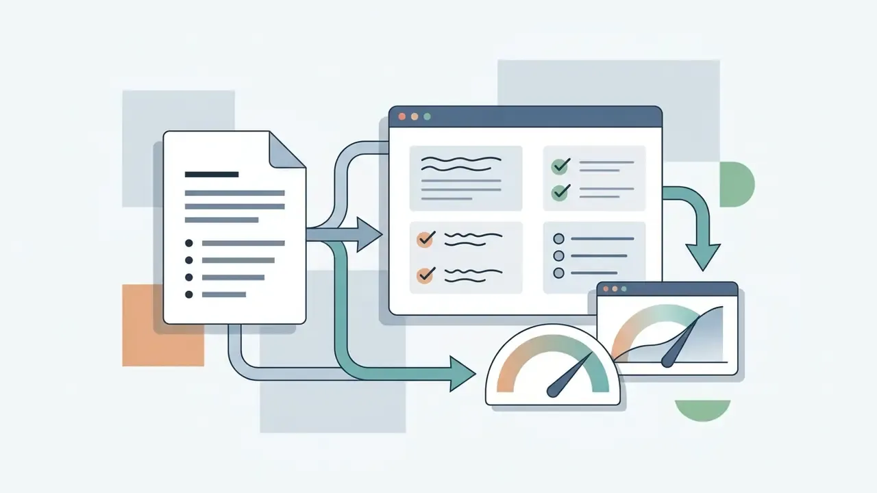 Document with bullet points flowing into a dashboard editor and performance tracking gauges