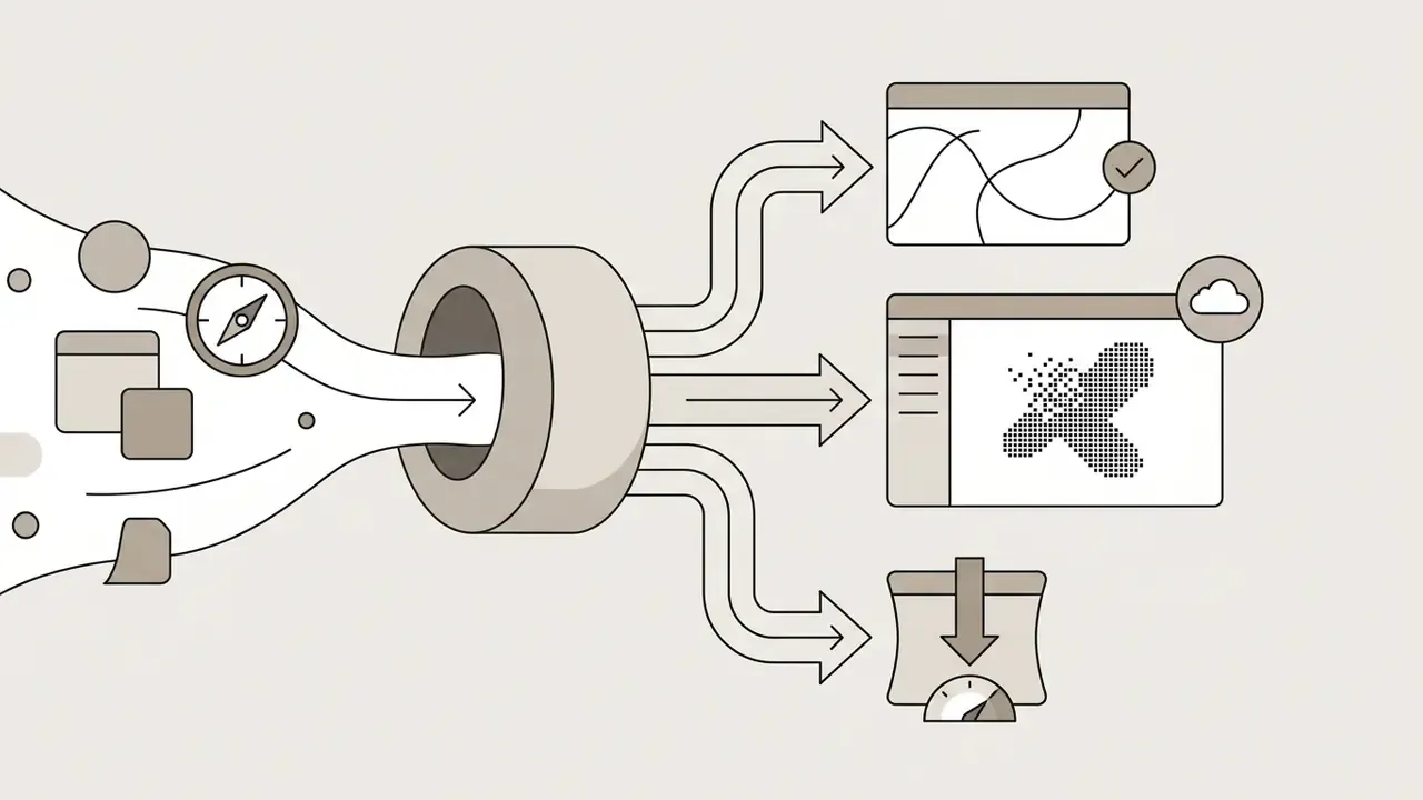 Input shapes and icons flowing through a central processor to output as SVG, PNG, and compressed files