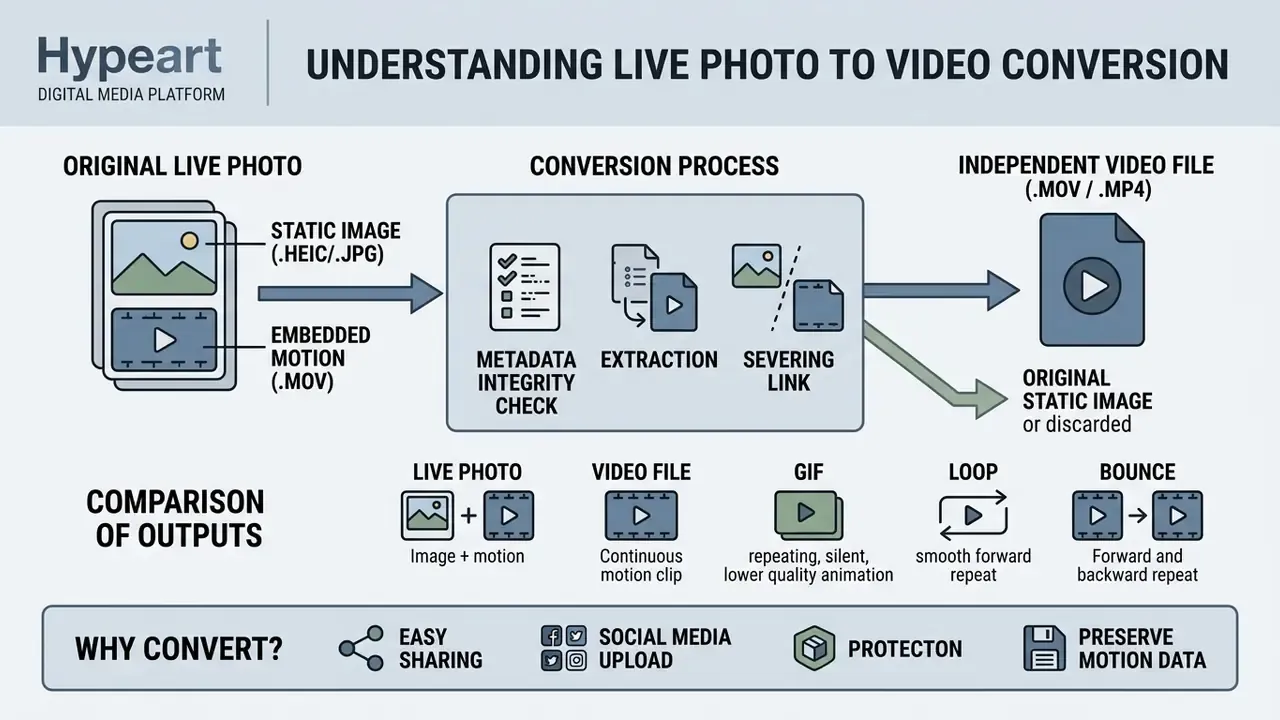 Infographic showing the process of extracting a motion clip from a Live Photo to create a video file