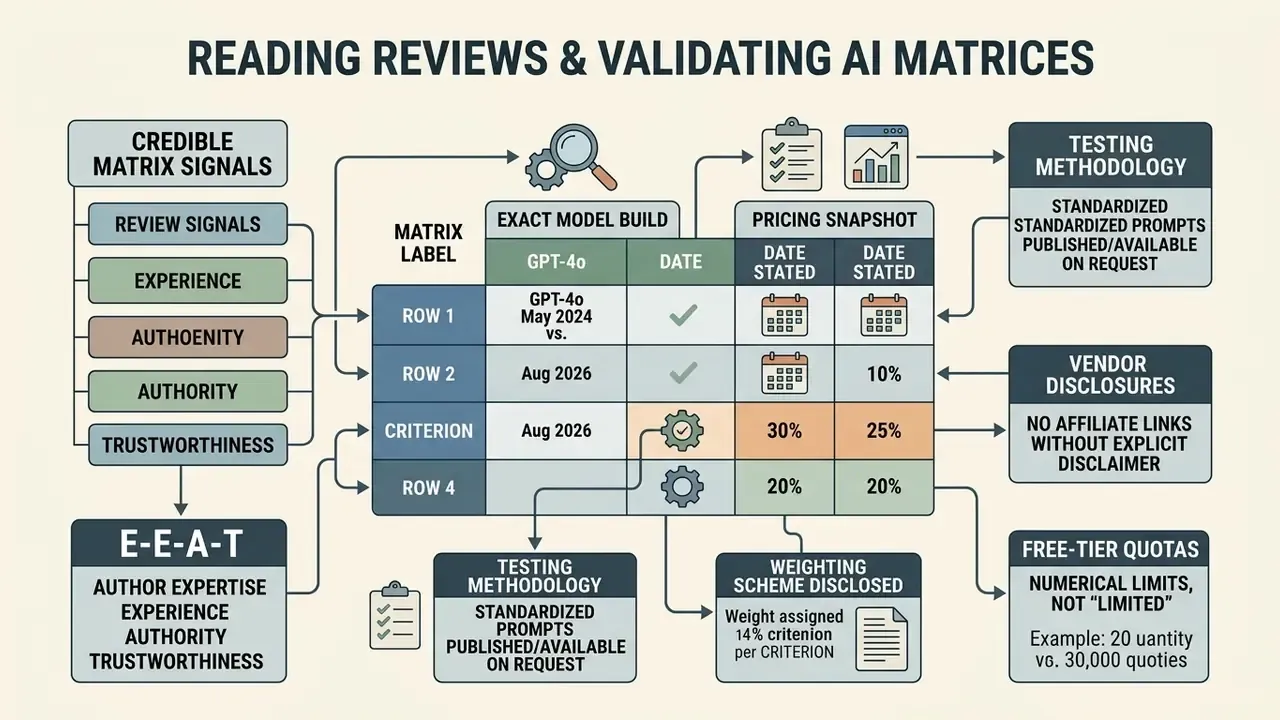 Infographic showing criteria for auditing AI media comparison matrices including model builds and pricing