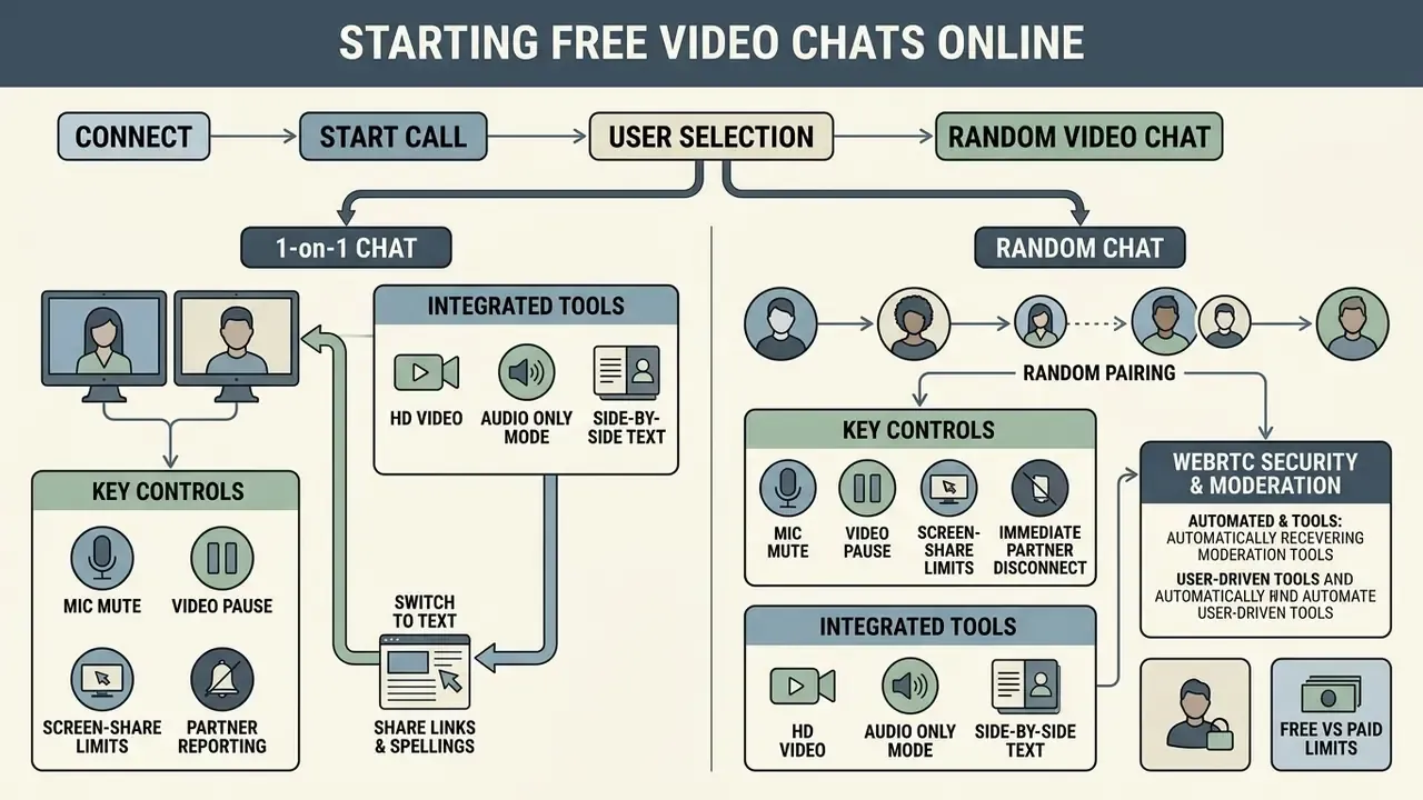 Diagram showing steps to start a live video call free online with controls for one-on-one and random chats