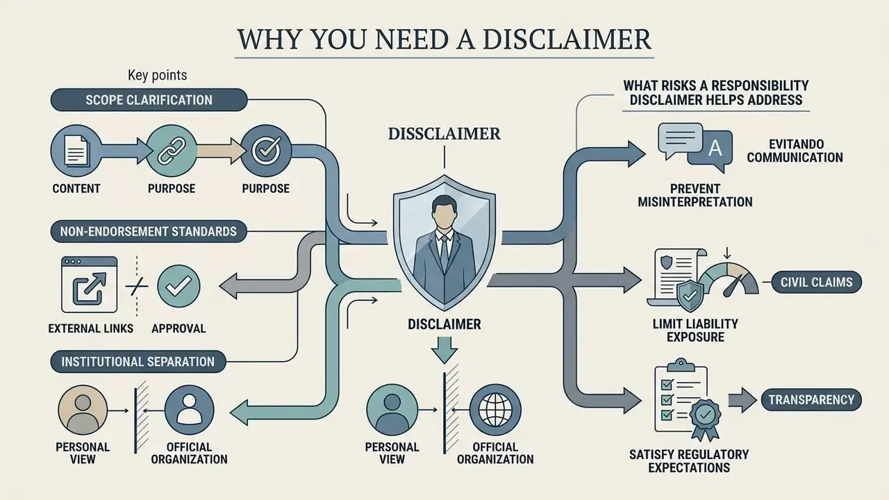 Flowchart showing how legal disclaimers clarify scope and address risks like liability and transparency