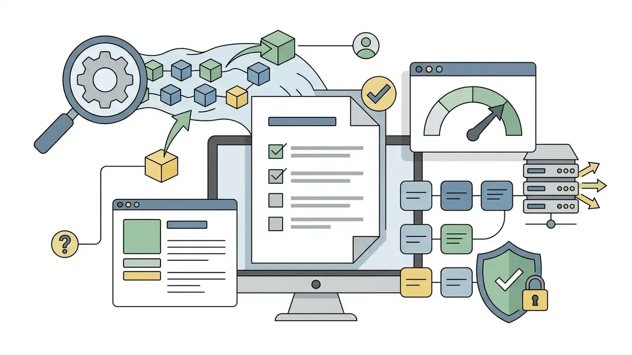 Magnifying glass analyzing data blocks flowing into a monitor displaying a checklist and security icons