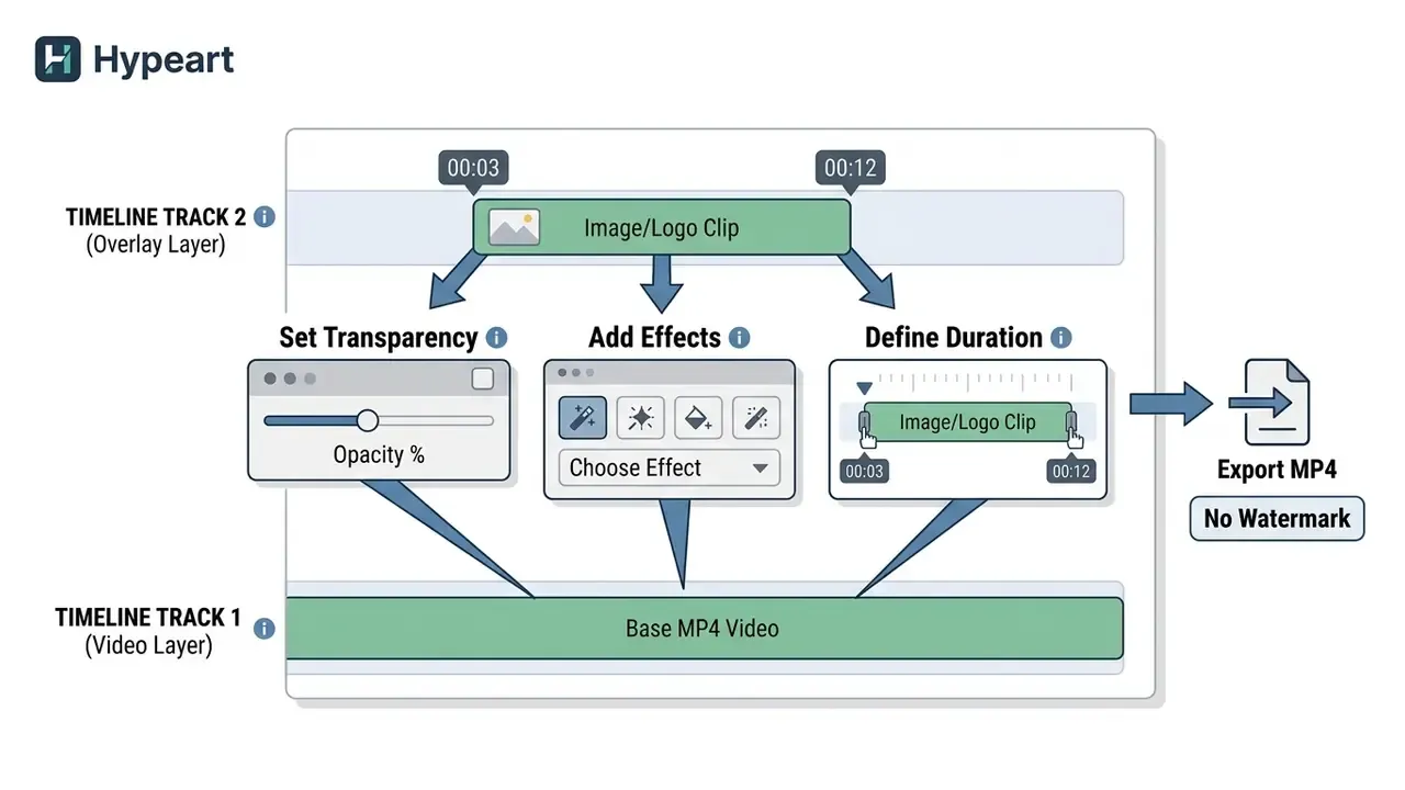 Workflow showing how to adjust transparency, add effects, and set duration when you add image to video